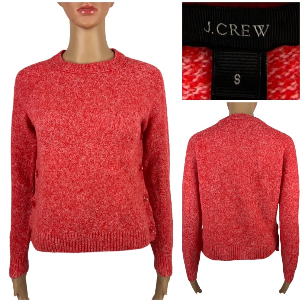 J Crew Womens Small Lambswool Cropped Crewneck Sweater Orange Buttons H4164 EUC